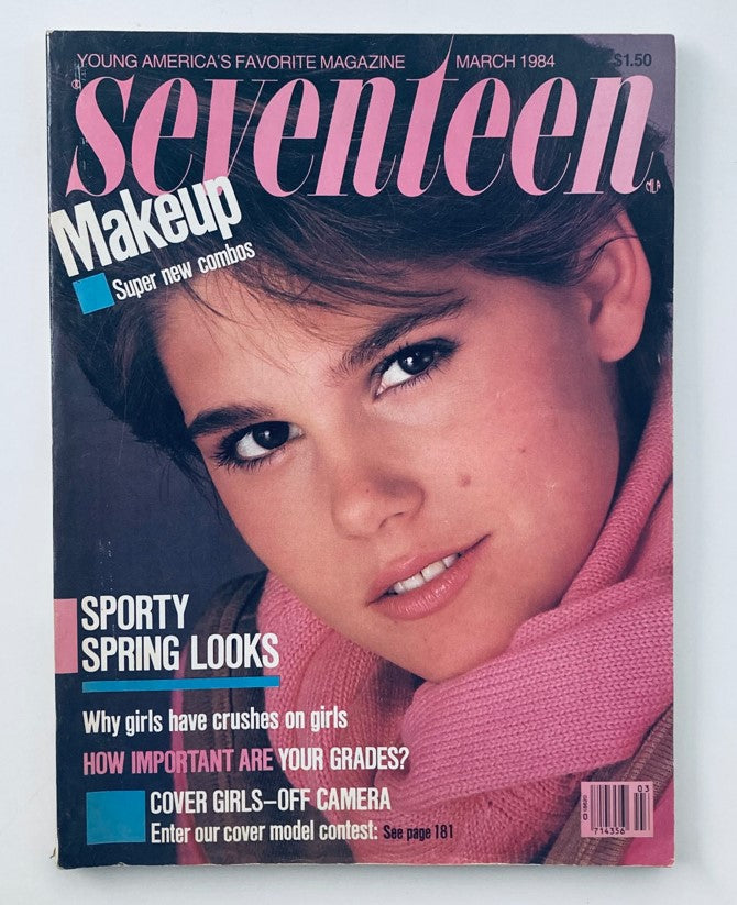 VTG Seventeen Magazine March 1984 Cover Girls featuring a close-up of a model with a pink scarf, highlighting makeup tips and sporting spring looks.