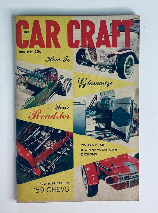 Cover of VTG Car Craft Magazine June 1959 Vol 7 No. 2 featuring customization tips for roadsters with vibrant graphics and colorful car designs.