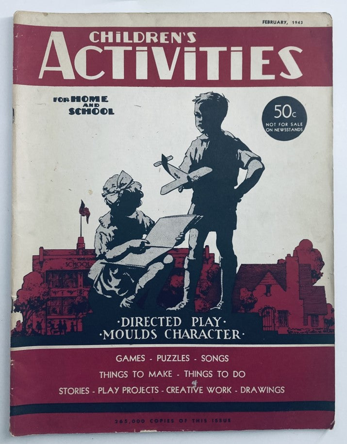 Cover of 'Children's Activities for Home and School February 1943' featuring children engaging in activities like drawing and playing, showcasing the educational focus of the publication.