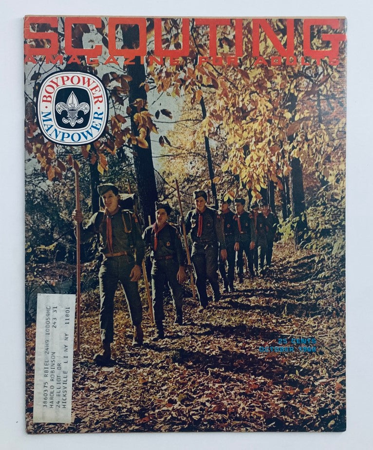 Cover of VTG Scouting Magazine, October 1968, featuring scouts in a forest during autumn, themed ‘Jamboree Word for Adventure’.