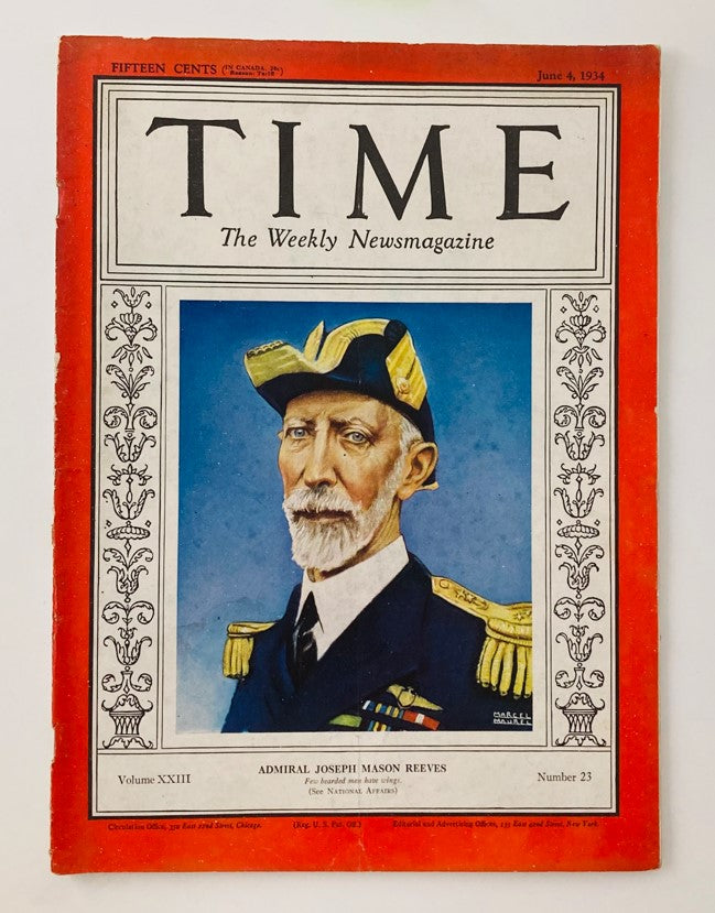 Cover of VTG Time Magazine from June 4, 1934, featuring Admiral Joseph Mason Reeves, Volume 23, Number 23, showcasing historical naval significance.