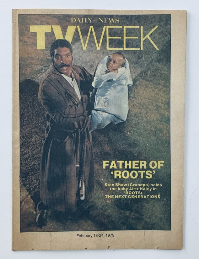 VTG Daily News TV Week Magazine February 18 1979 cover featuring Stan Shaw holding a baby, promoting 'Roots: The Next Generations'.