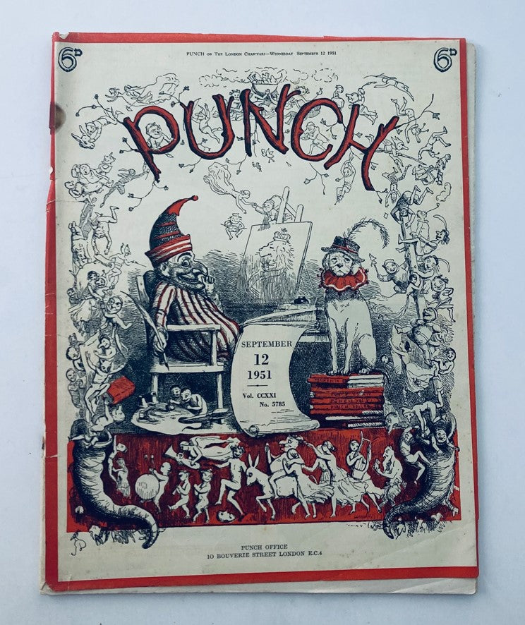 Cover of Punch Magazine from September 12, 1951, Volume 221, Number 5785, featuring a whimsical illustration with a clown and various characters, reflective of World War II satire.