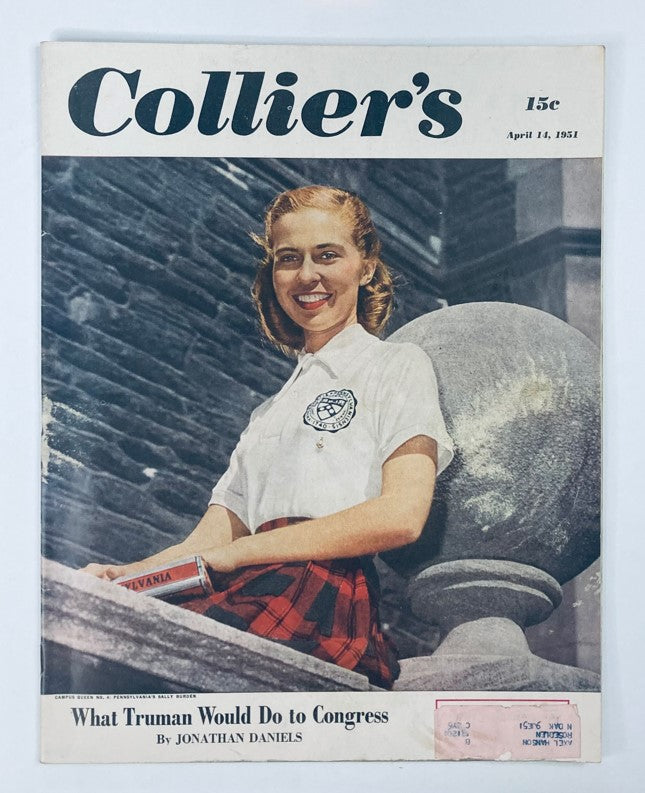 VTG Collier's Magazine April 14 1951 cover image featuring a smiling woman in a white shirt and plaid skirt, highlighting the edition titled 'World Under The Sand'.