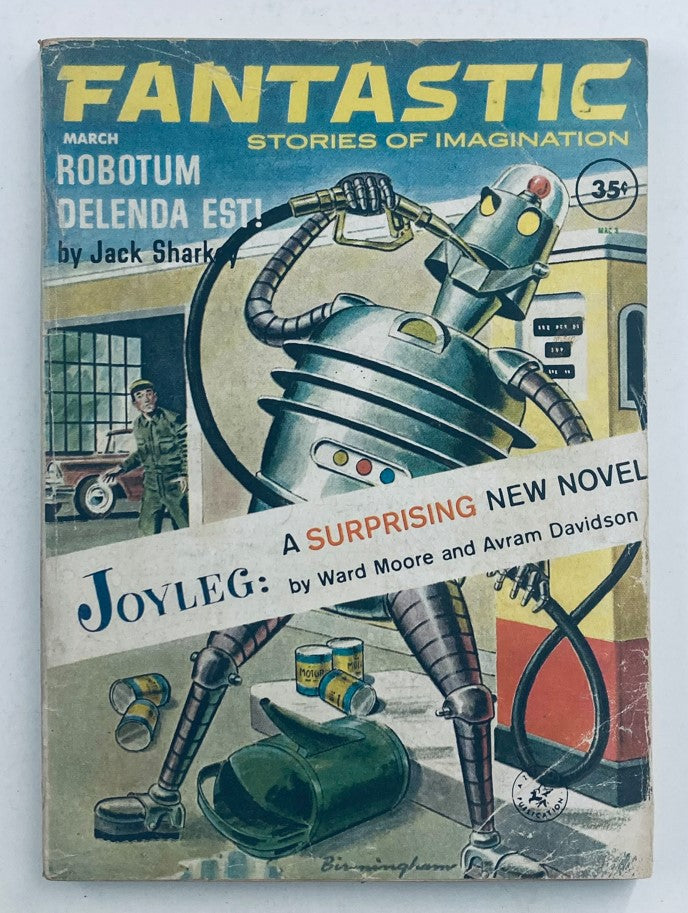 Cover of Fantastic Stories of Imagination Magazine, March 1962 issue featuring the story 'Robotum Delenda Est!' by Jack Sharkey, showcasing vibrant 1960s-style illustration with a robot character.