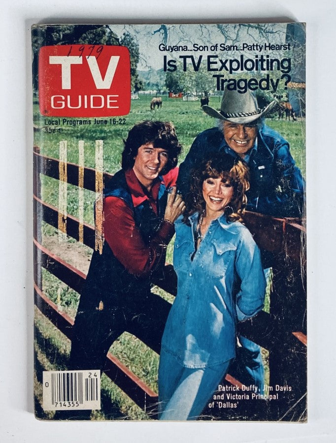 TV Guide Magazine June 16 1979 #1368 featuring the cast of Dallas, including Patrick Duffy, Jim Davis, and Victoria Principal on the cover, set against a rustic outdoor background.