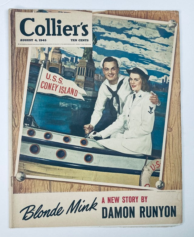 Cover of VTG Collier's Magazine from August 4, 1945 featuring the 'Blonde Mink' story, showcasing a couple on a boat with the U.S.S. Coney Island in the background.