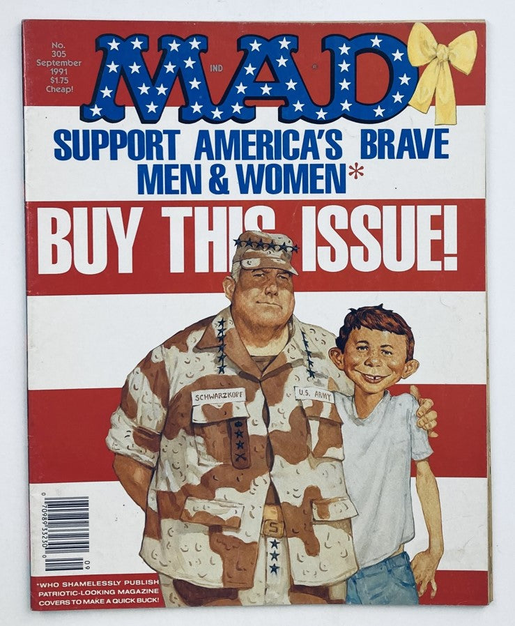 Cover of Mad Magazine September 1991 No. 305 featuring the title "Support America's Brave" with illustrations of a soldier and a young boy. This vintage magazine highlights early '90s pop culture and satire.