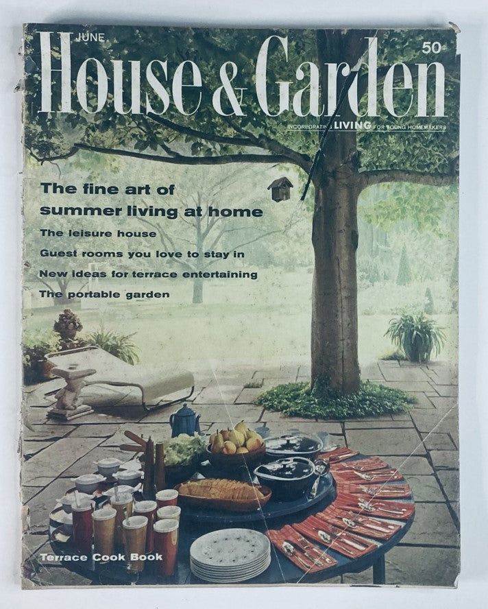 Cover of VTG House & Garden Magazine June 1962, featuring a table set for summer living with fruits and beverages, showcasing mid-century outdoor entertaining themes.