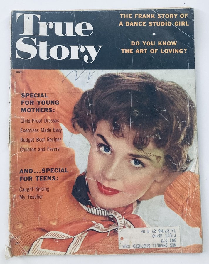 Cover of VTG True Story Magazine October 1958 Vol 79 No. 3 featuring a woman with short hair and bright makeup, showcasing the theme "Life in a Goldfish Bowl."