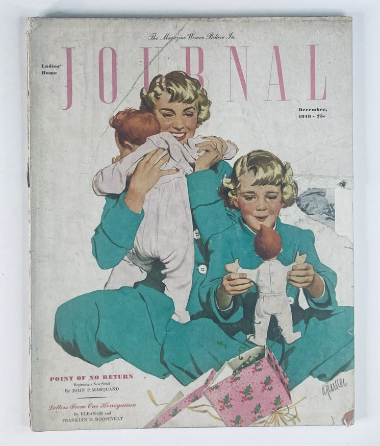 Cover of Ladies' Home Journal Magazine December 1948, Volume 65, Issue 12, titled 'Point of No Return'. The cover features two women in teal outfits joyfully interacting with children, set against a festive background.