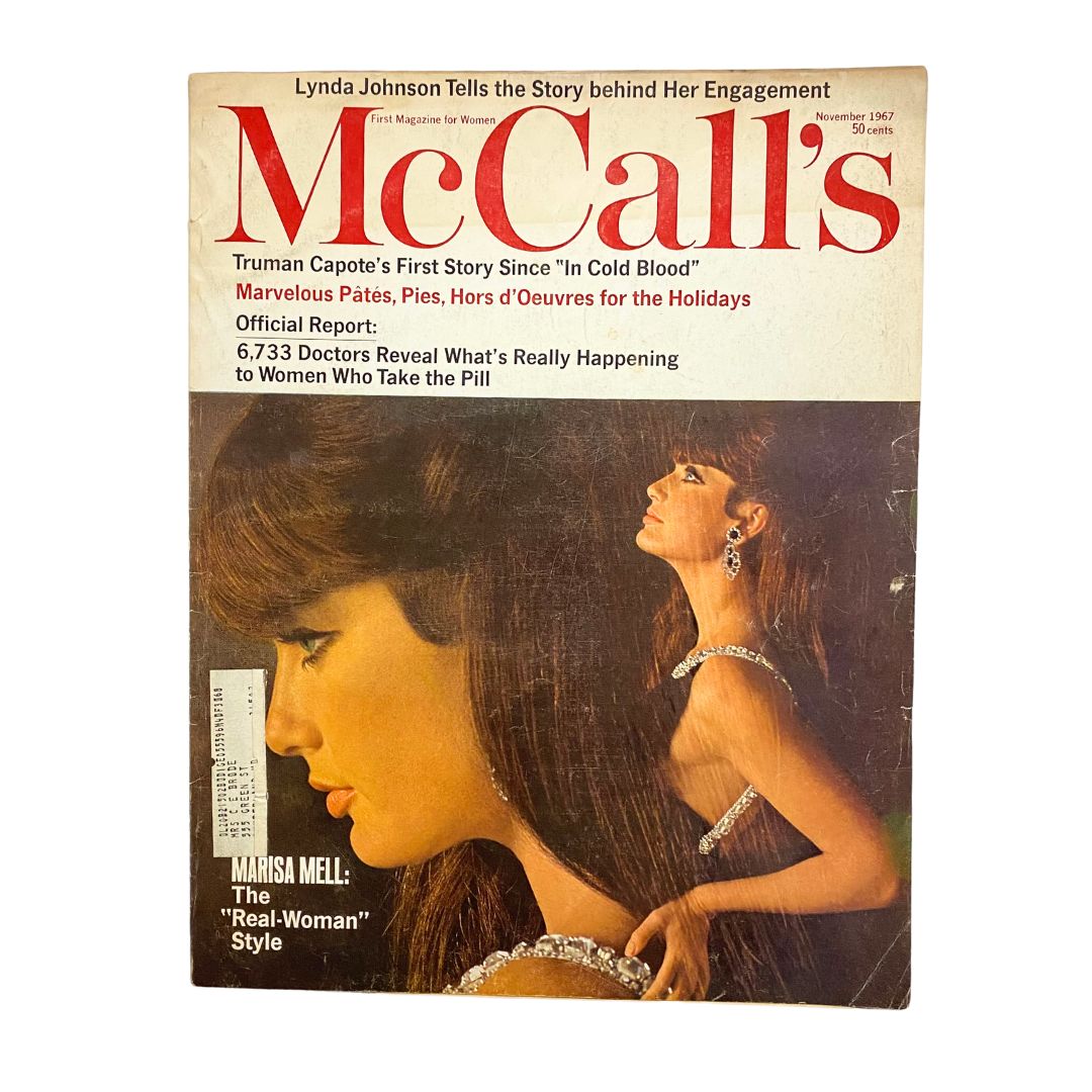 Cover of VTG McCall's Magazine November 1967 featuring Marisa Mell, promoting 'Real-Woman' style with a stylish design and vibrant colors.
