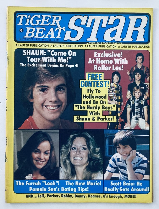 Cover of Tiger Beat Star September 1977 featuring Shaun Cassidy and Leif Garrett, highlighting exclusive content and a poster. The image displays vibrant colors and iconic pop culture references.