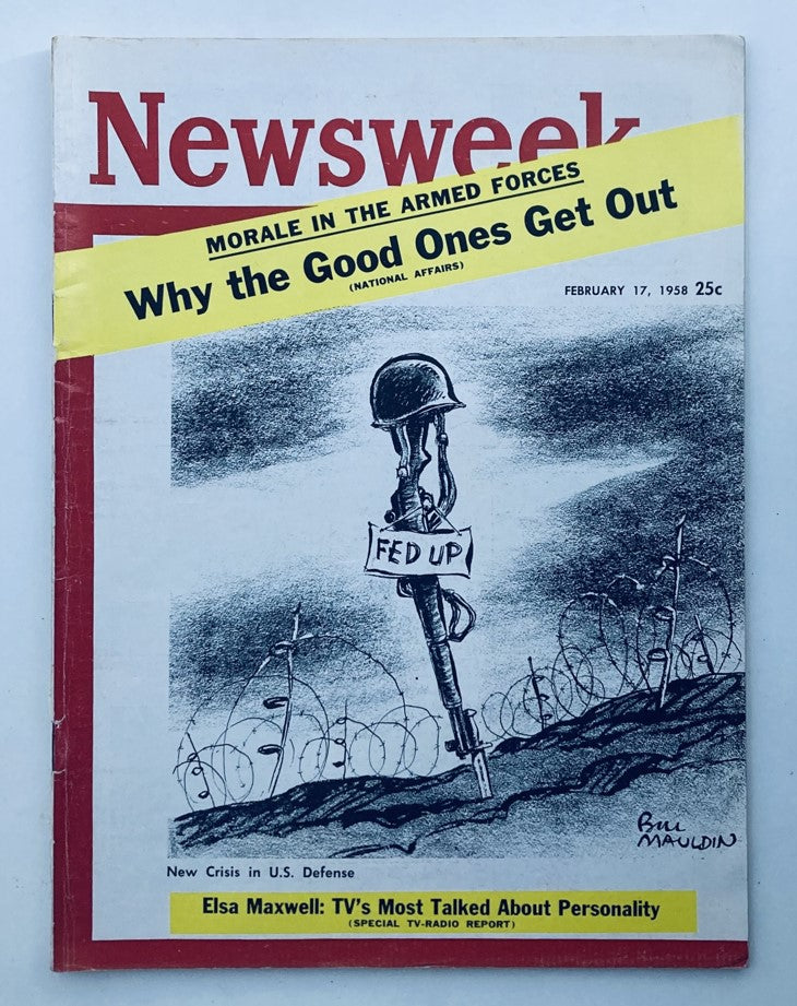 VTG Newsweek Magazine February 17 1958 cover image featuring a soldier with the sign 'FED UP', highlighting the cover story 'New Crisis in U.S. Defense'.