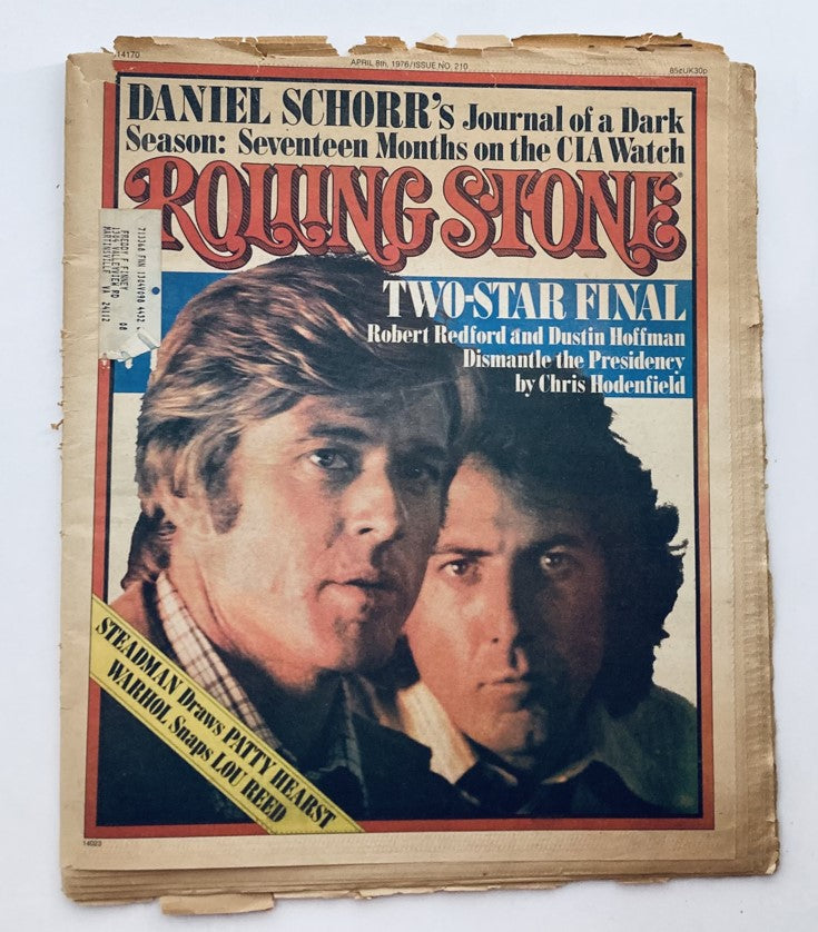 Rolling Stone Magazine April 8, 1976 Issue 210 cover featuring Robert Redford and Dustin Hoffman. The magazine displays a vintage aesthetic with notable wear, highlighting cultural moments from the 1970s.