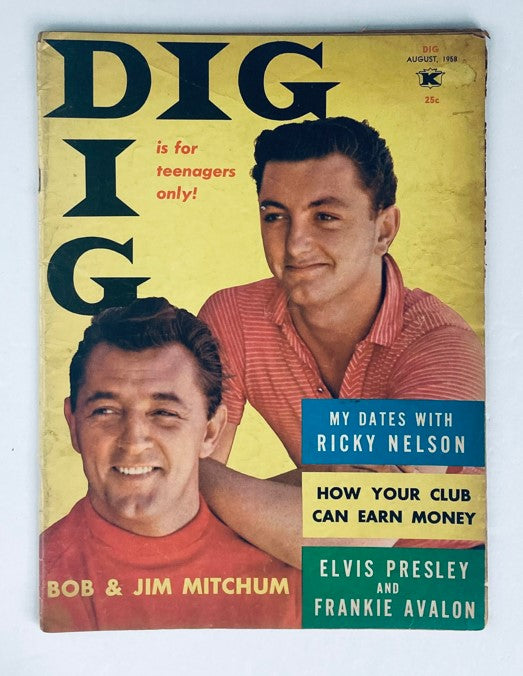 VTG Dig Magazine August 1958 Vol 2 No. 13 cover featuring Bob & Jim Mitchum, highlighting teenage interests and vintage entertainment.