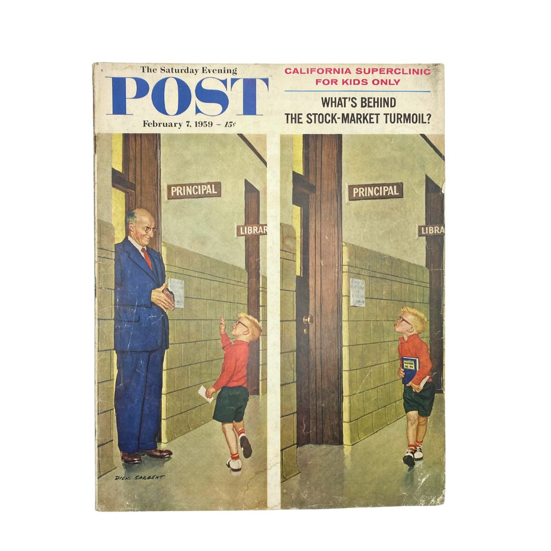 Cover of Saturday Evening Post Magazine dated February 7, 1959, featuring the artwork titled 'The Principal' by Dick Sargent, depicting a scene in a school hallway with a child and a principal.
