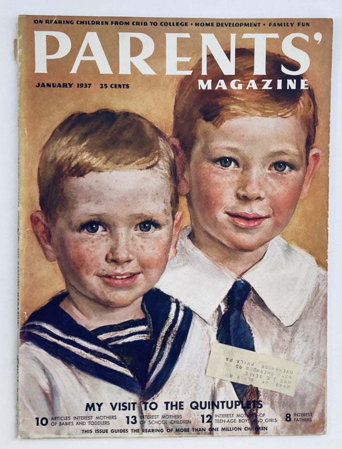 Cover of VTG The Parents' Magazine from January 1937 featuring children with the title 'My Visit To The Quintuplets' and nostalgic vintage illustrations.