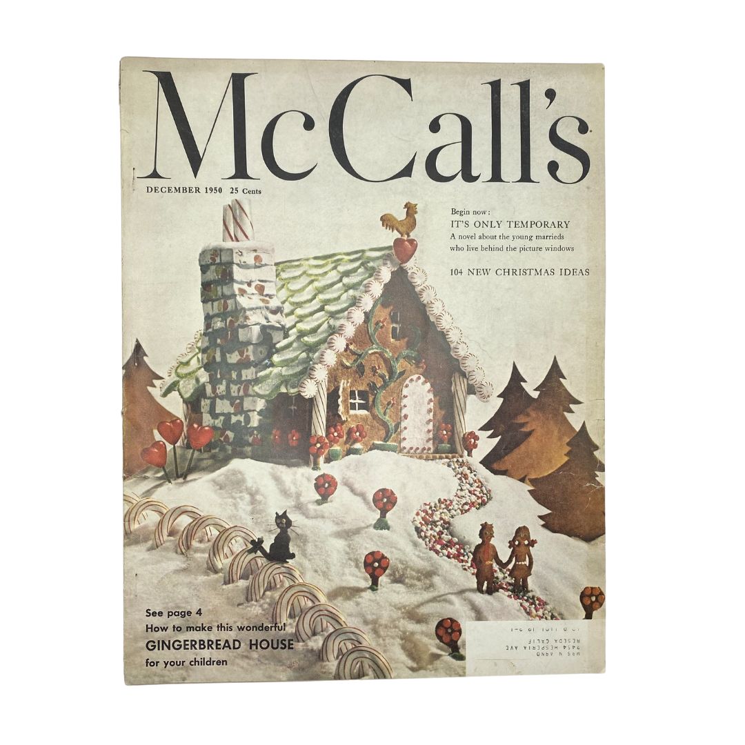 Cover of McCall's Magazine December 1950 featuring a charming gingerbread house illustration, highlighting festive ideas and recipes for the holiday season.