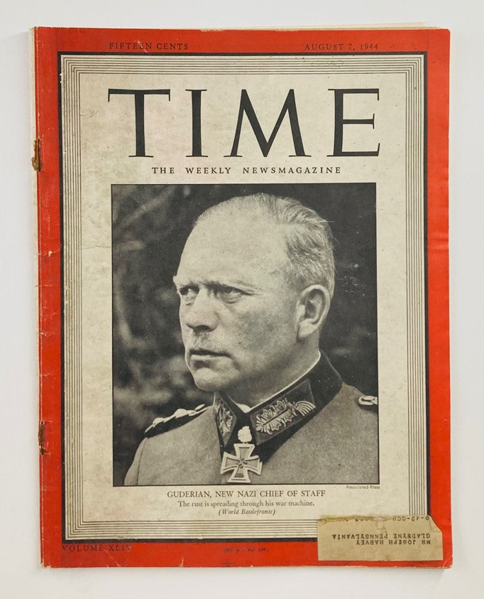 Vintage Time Magazine cover from August 7, 1944, featuring Heinz Guderian, the Nazi Chief of Staff, showcasing historical wartime publication.