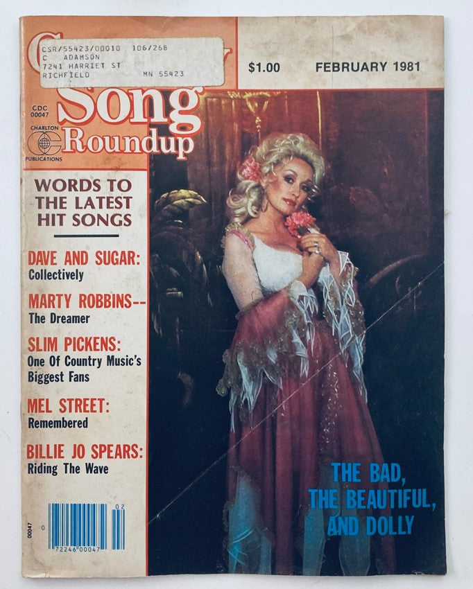 Cover of the VTG Country Song Roundup Magazine February 1981 featuring the title 'The Bad, Beautiful, and Dolly Parton,' showcasing a vintage image of Dolly Parton in an elegant outfit.