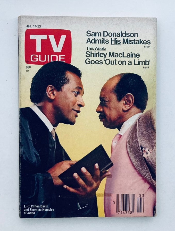 TV Guide Magazine January 17 1987 featuring Sherman's Hemsley and Clifton Davis on the cover. The image showcases the magazine cover with the title 'TV Guide' and highlights articles on entertainment.