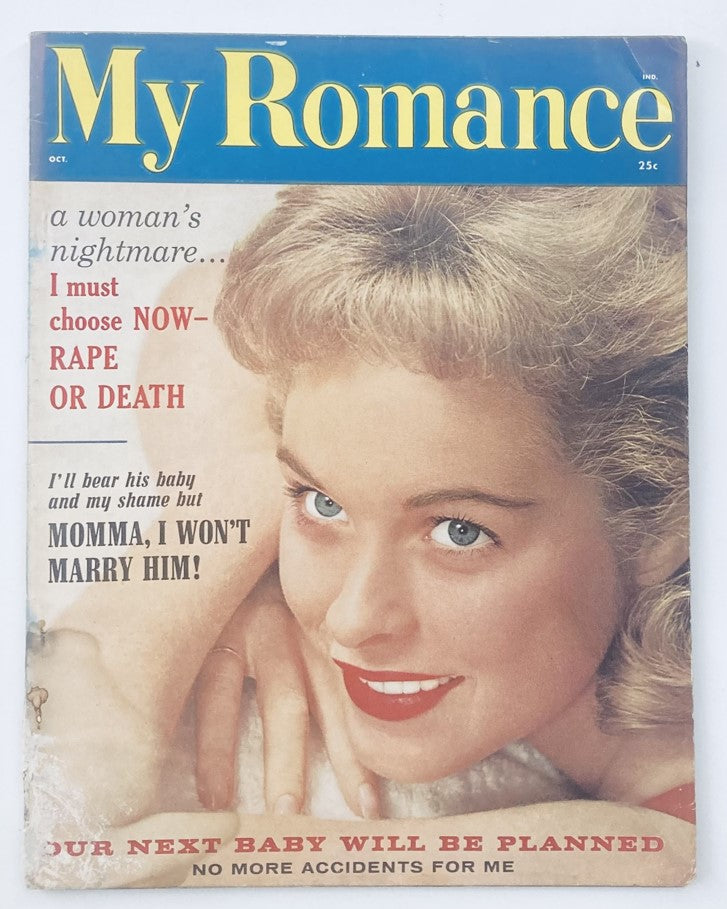 Cover of My Romance Magazine October 1959 featuring the title and a vintage illustration of a woman with blonde hair, highlighting the dramatic tagline 'A Woman's Nightmare.'