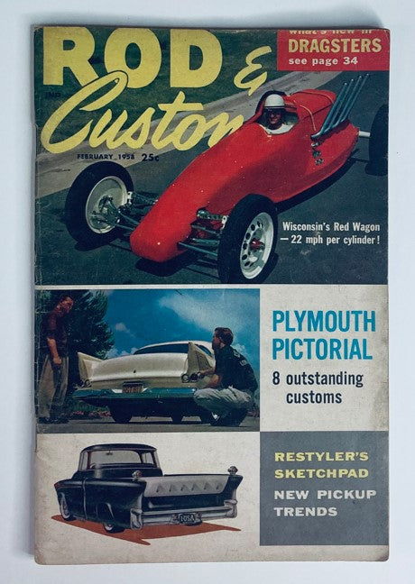 Cover of VTG Rod & Custom Magazine February 1958 featuring Wisconsin's Red Wagon, showcasing vintage automotive culture with vibrant graphics and advertisements.
