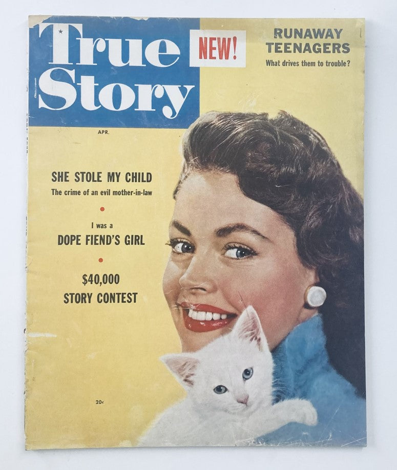 VTG True Story Magazine April 1955 Vol 72 No 3 cover featuring a woman smiling while holding a white kitten, highlighting the story 'Dope Friend's Girl.'