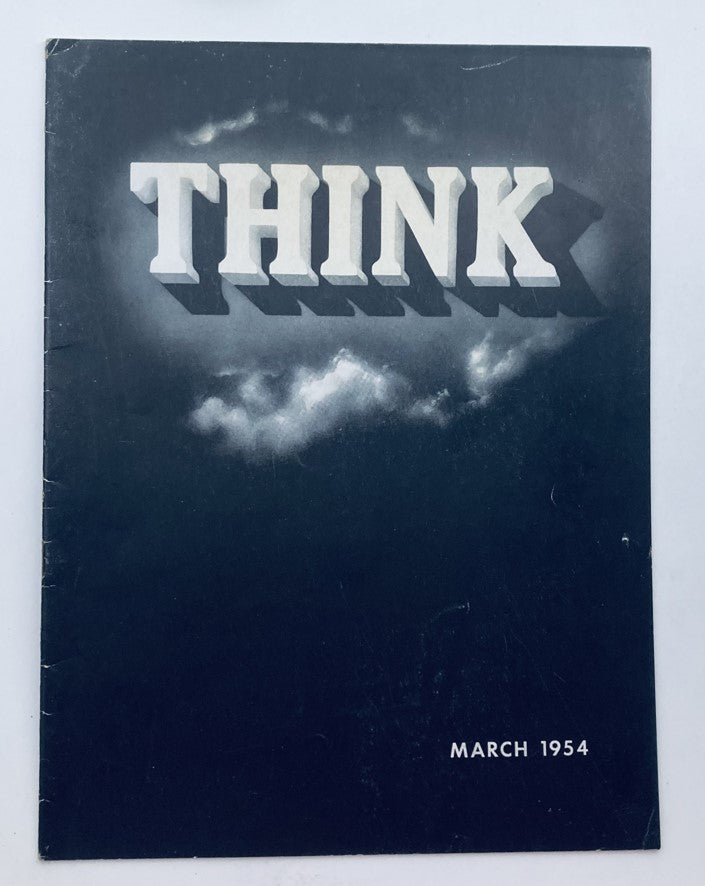 Cover of VTG Think Magazine March 1954 Vol 20 No. 3 with the word 'THINK' prominently displayed against a dark background with clouds, reflecting the vintage style of the publication.