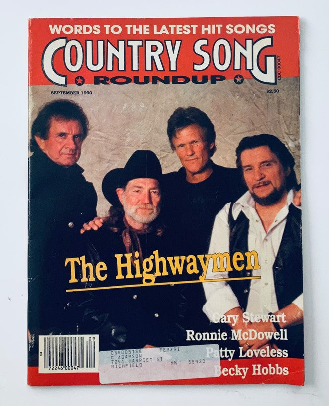 Cover of the September 1990 issue of Country Song Roundup Magazine featuring The Highwaymen, Gary Stewart, and other country artists. The magazine highlights iconic country music history with a vibrant design, showcasing the legendary group and articles related to their music.