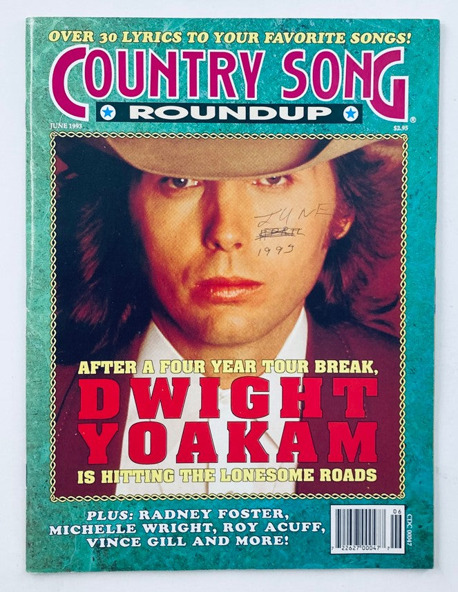 Country Song Roundup Magazine June 1993 featuring Dwight Yoakam on the cover, highlighting his return to the music scene after a four-year tour break, with attention-grabbing red text and details about other country artists.