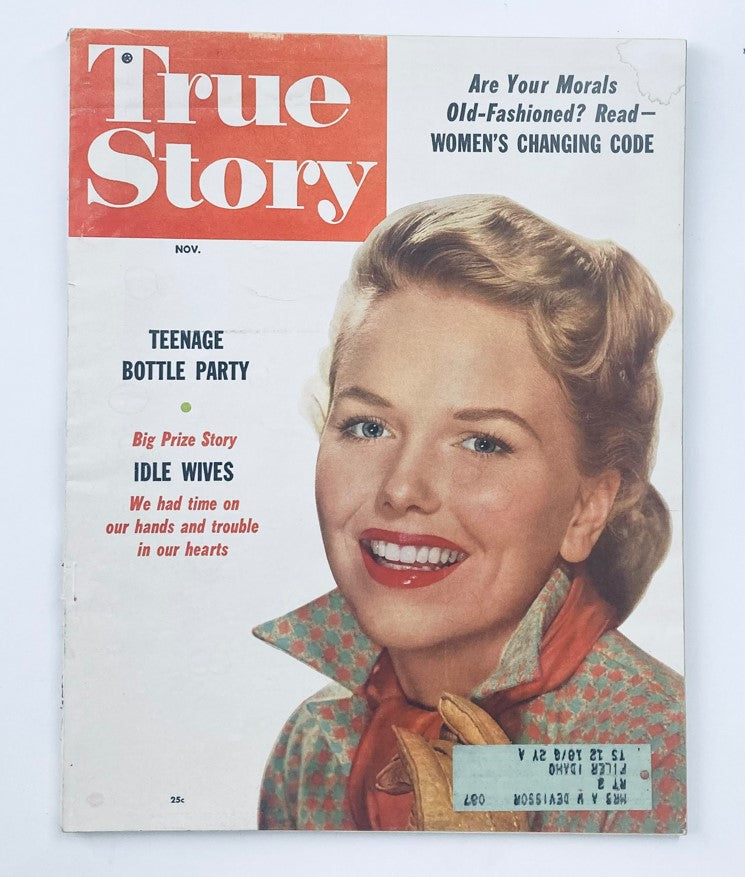 Cover of VTG True Story Magazine November 1955, featuring the headline 'Teenage Bottle Party' and a smiling woman. This vintage magazine encapsulates 1950s youth culture.