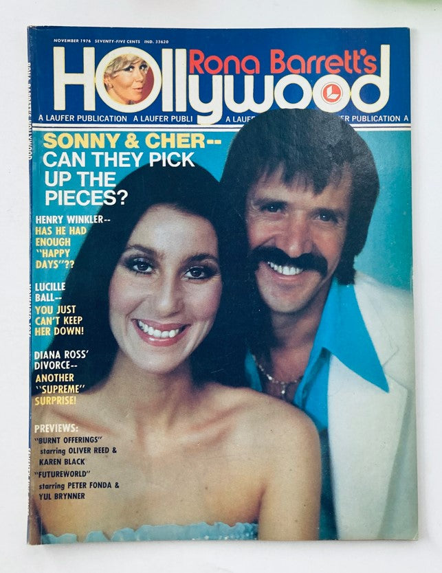 VTG Rona Barrett's Hollywood Magazine November 1976 featuring Sonny and Cher on the cover, highlighting articles and previews inside.