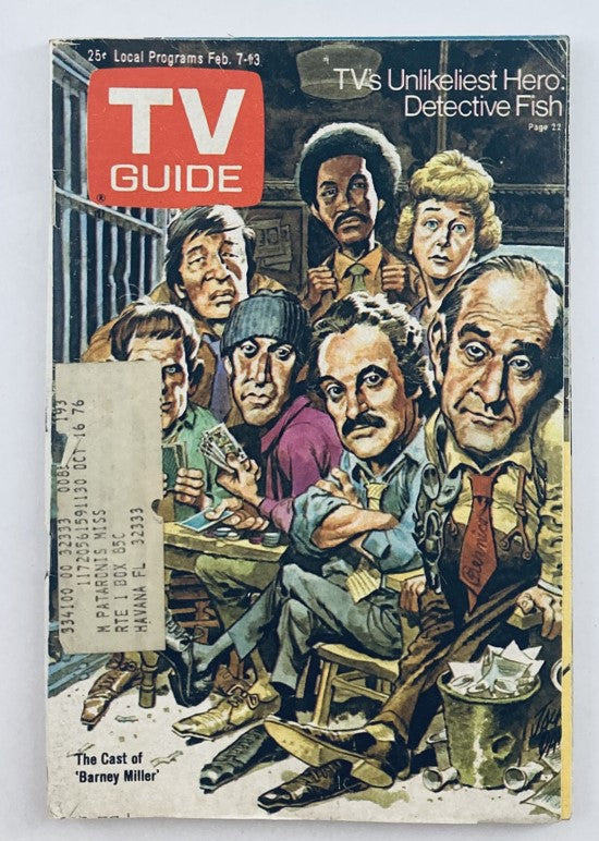 TV Guide Magazine February 7 1976 #1193 featuring the cast of 'Barney Miller' in a vibrant illustrated cover depicting various characters in a comedic scenario. Collectible vintage TV guide highlighting the show's portrayal of humor and detective drama.