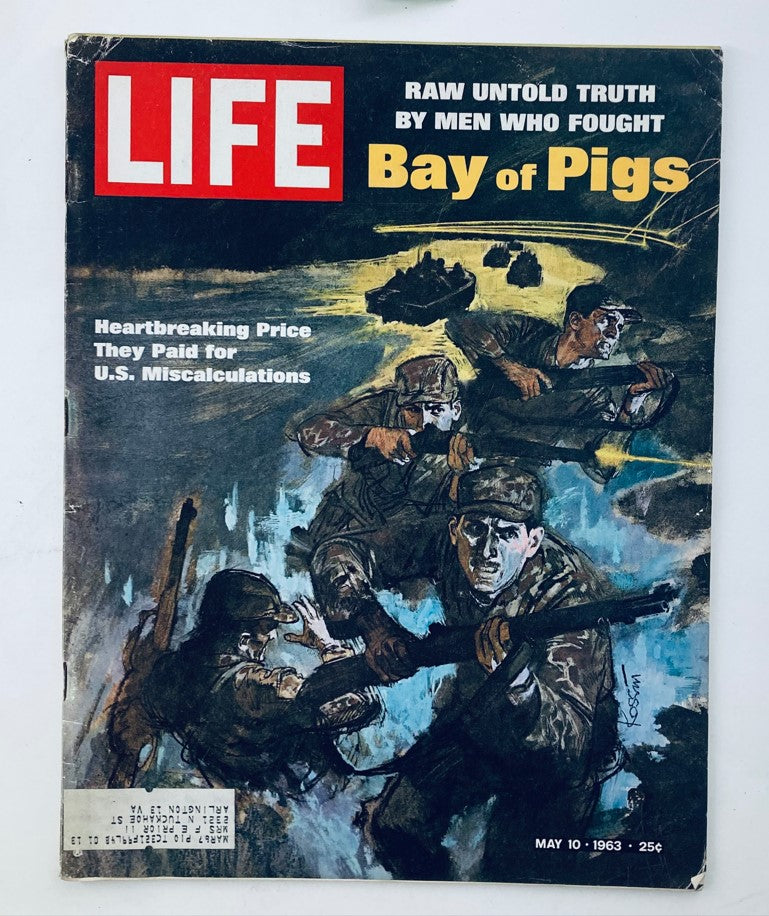 Cover of VTG Life Magazine May 10, 1963, Volume 54 No. 19 featuring the headline 'Raw Untold Truth by Men Who Fought Bay of Pigs' with an illustration depicting soldiers during the Bay of Pigs invasion.