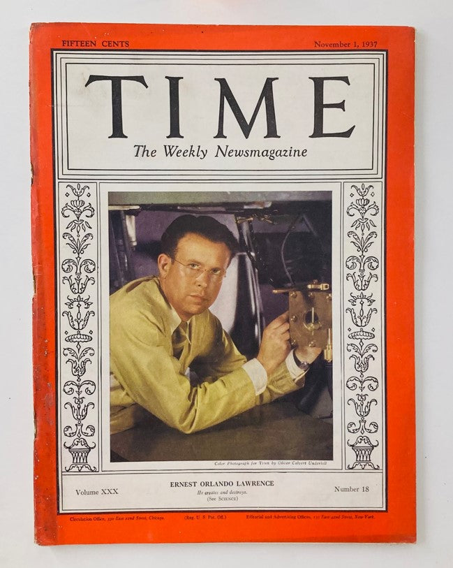 Cover of VTG Time Magazine from November 1, 1937 featuring physicist Ernest Orlando Lawrence, Volume 30, Number 18.