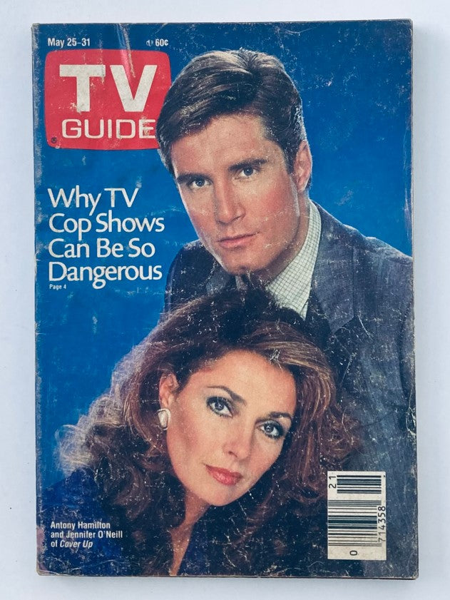 Cover of the TV Guide Magazine dated May 25, 1985, featuring Antony Hamilton and Jennifer O'Neill, with the headline 'Why TV Cop Shows Can Be So Dangerous.' A vintage collectible showcasing 1980s television culture.