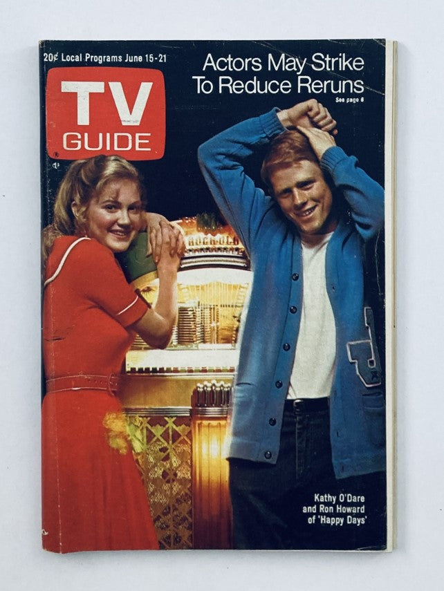 Cover of TV Guide Magazine June 15 1974 #1107 featuring Kathy O'Dare and Ron Howard, discussing actors potentially striking to reduce TV reruns. Vintage TV history collectible.
