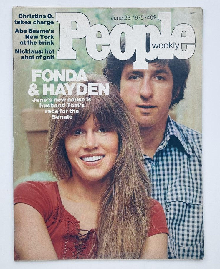 Vintage People Weekly Magazine cover from June 23, 1975 featuring Jane Fonda and Tom Hayden. The cover highlights their involvement in social causes and captures the essence of the 1970s cultural landscape.