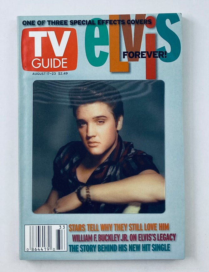 TV Guide Magazine August 17 2002 featuring Elvis Presley on the cover, showcasing a special effects cover design, highlighting articles about Elvis's legacy and his new hit single.