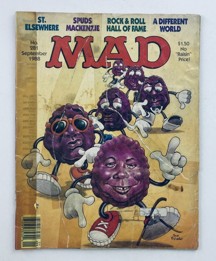 Cover of Mad Magazine, September 1988, Issue No. 281 featuring humorous illustrations related to Rock & Roll Hall of Fame, Spuds Mackenzie, and character designs by Sam Viviano, highlighting vintage comedy and pop culture.