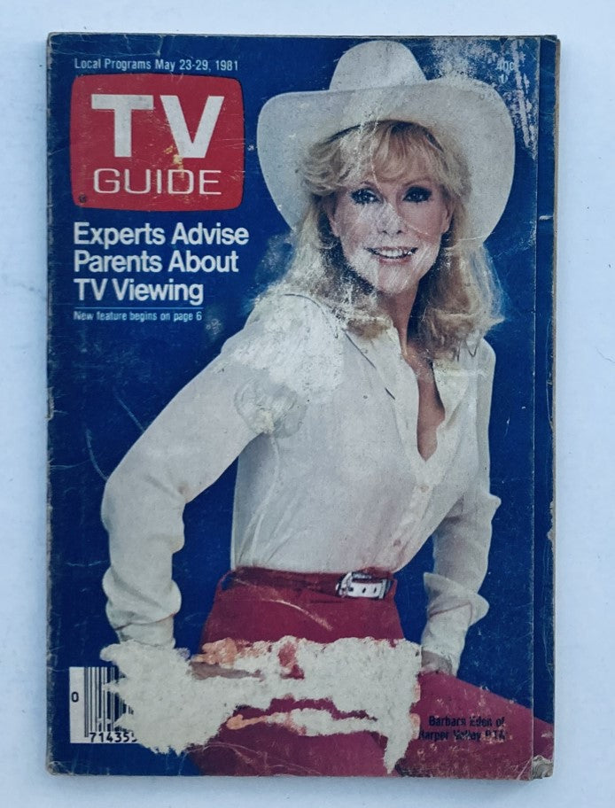 TV Guide Magazine cover from May 23, 1981 featuring Barbara Eden, with the headline 'Experts Advise Parents About TV Viewing'. The magazine displays a vintage design and includes local program listings for Johnstown-Altoona.