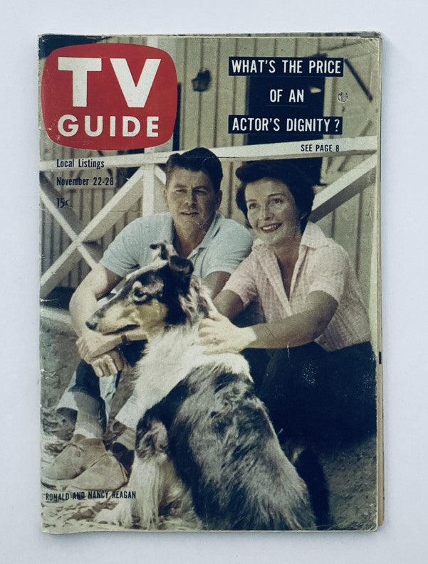 TV Guide Magazine November 22 1958 featuring Ronald and Nancy Reagan with a collie dog on the cover, reflecting a nostalgic moment in television history.