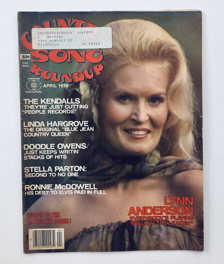 Cover of VTG Country Song Roundup Magazine April 1979 featuring Lynn Anderson promoting her song 'Follow the Leader', showcasing country music stars and trends from the late 1970s.