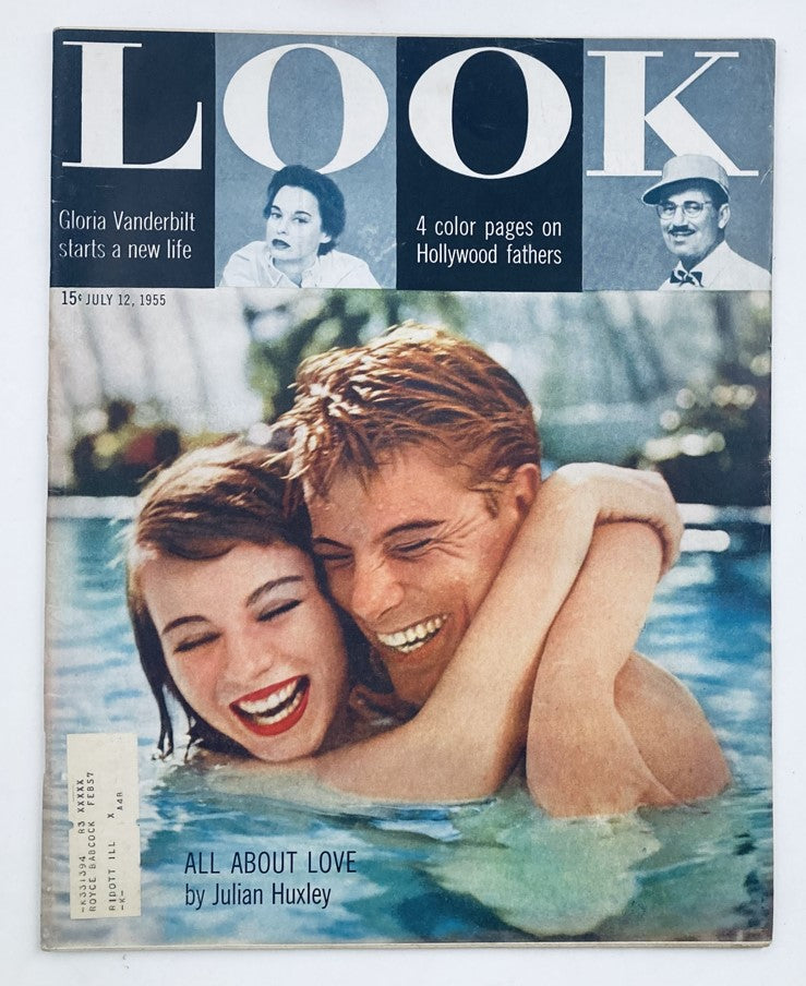 Cover of VTG Look Magazine July 12 1955 featuring playful couple in a pool, titled 'All About Love' by Julian Huxley.