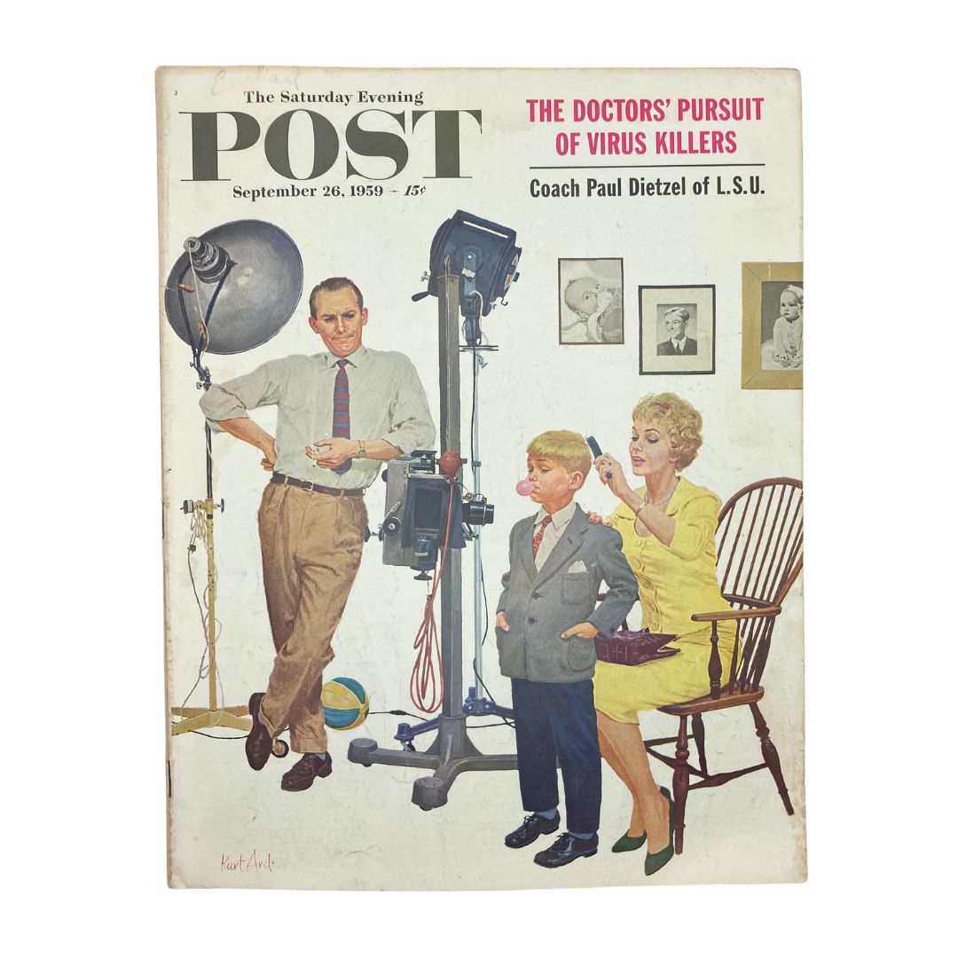 Cover of the Saturday Evening Post Magazine from September 26, 1959, featuring a colorful illustration depicting a child portrait, an adult male, and a woman in a yellow dress, surrounded by photography equipment.