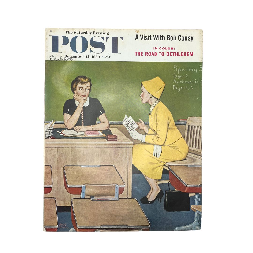 Cover of the Saturday Evening Post Magazine from December 12, 1959, featuring two women engaging in conversation, one in a yellow outfit and the other in a black dress, set in a classroom environment.