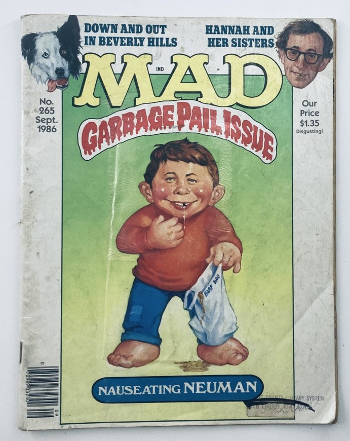 Cover of Mad Magazine No. 265 from September 1986 featuring a caricature of a boy, titled 'Garbage Pail Issue.' The cover displays the iconic 'Mad' logo and highlights pop culture references.