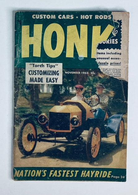 Cover of VTG Honk! Magazine November 1953 Vol 1 No. 7 featuring the title 'Nation's Fastest Hayride' with two people riding in a vintage car.